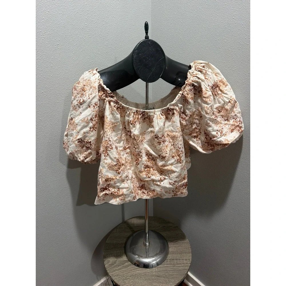 Abercrombie & Fitch Brown Floral Square Neck Puff Sleeve Top Sz Med Boho